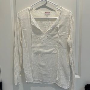 Roberta Freymann white blouse with embroidery and beaded detail, size M